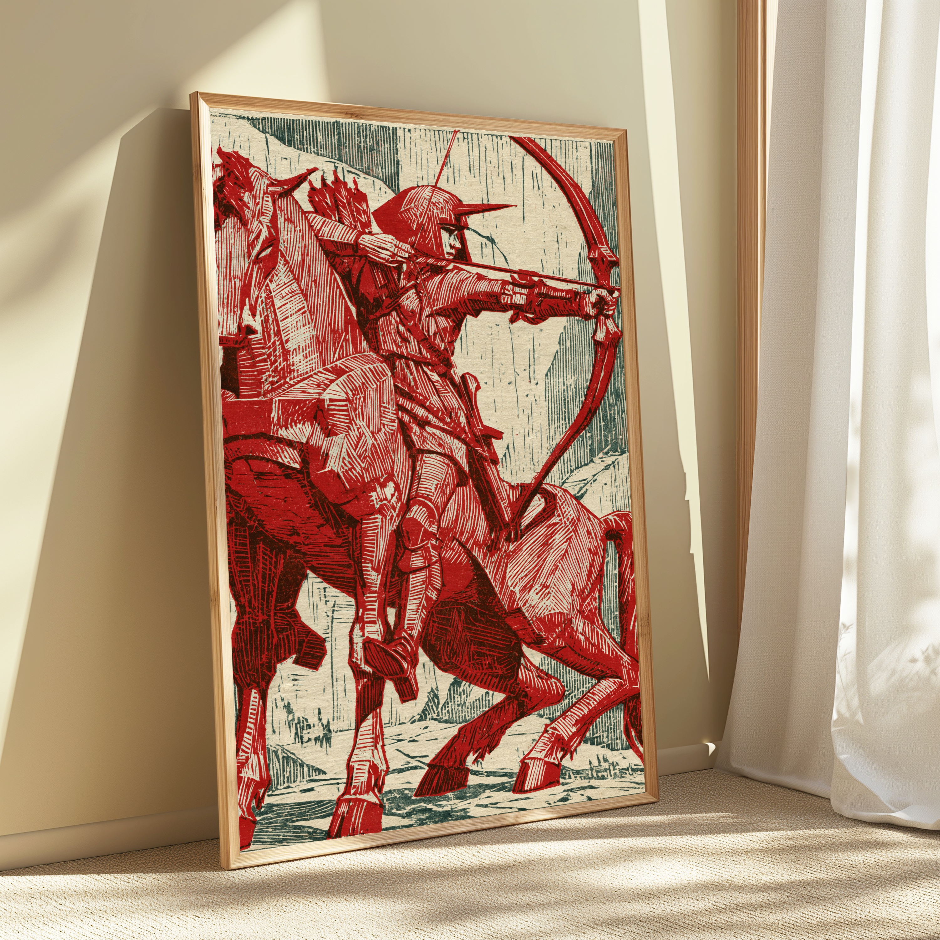 Red Warrior Archer Woodblock Print view 3