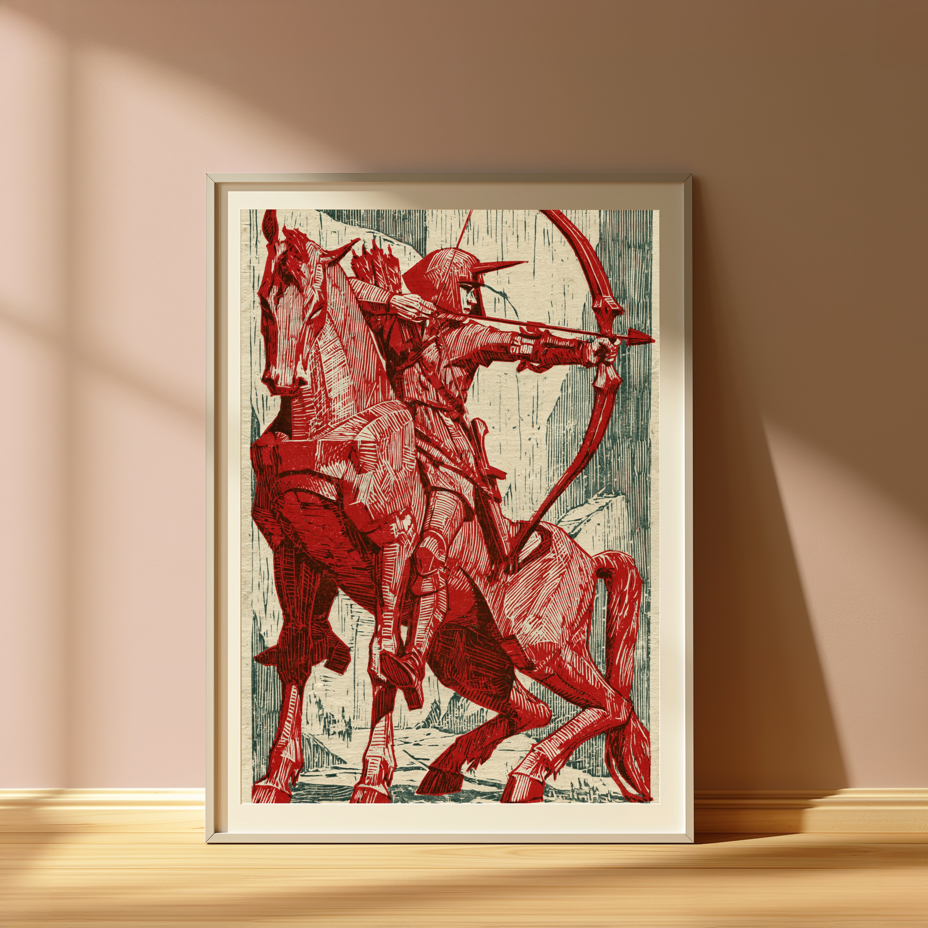 Red Warrior Archer Woodblock Print view 4
