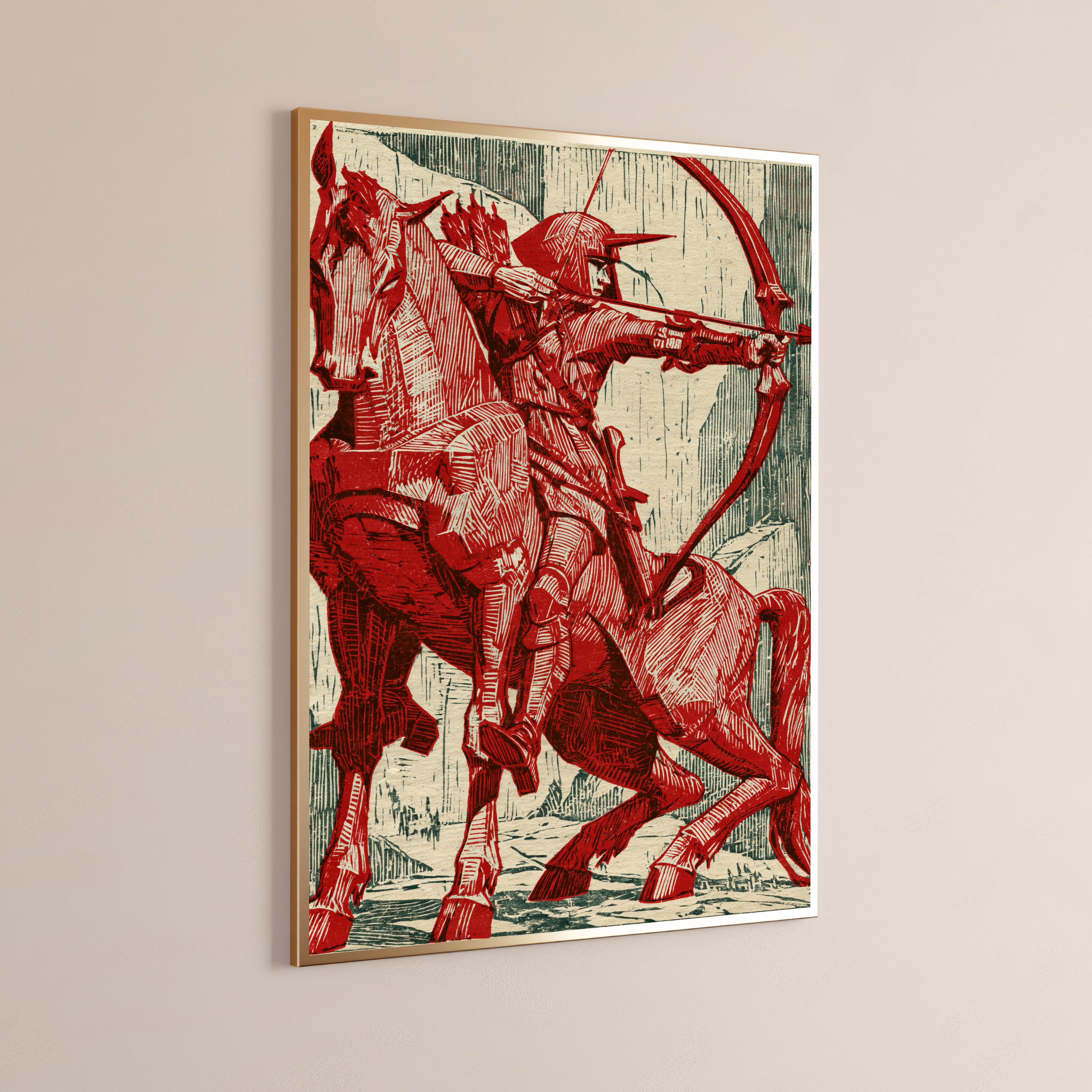 Red Warrior Archer Woodblock Print