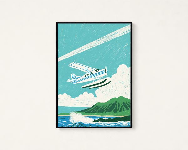 Retro Airplane Mountain Landscape Print