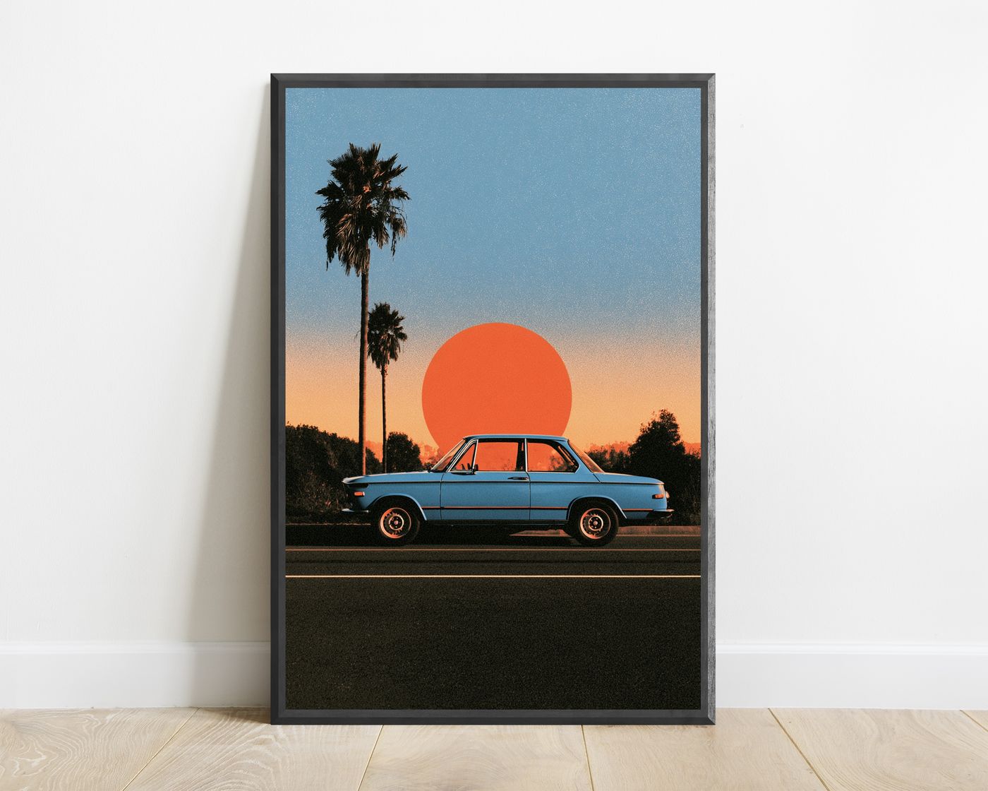 Retro Blue Car Red Sun Landscape — view 1