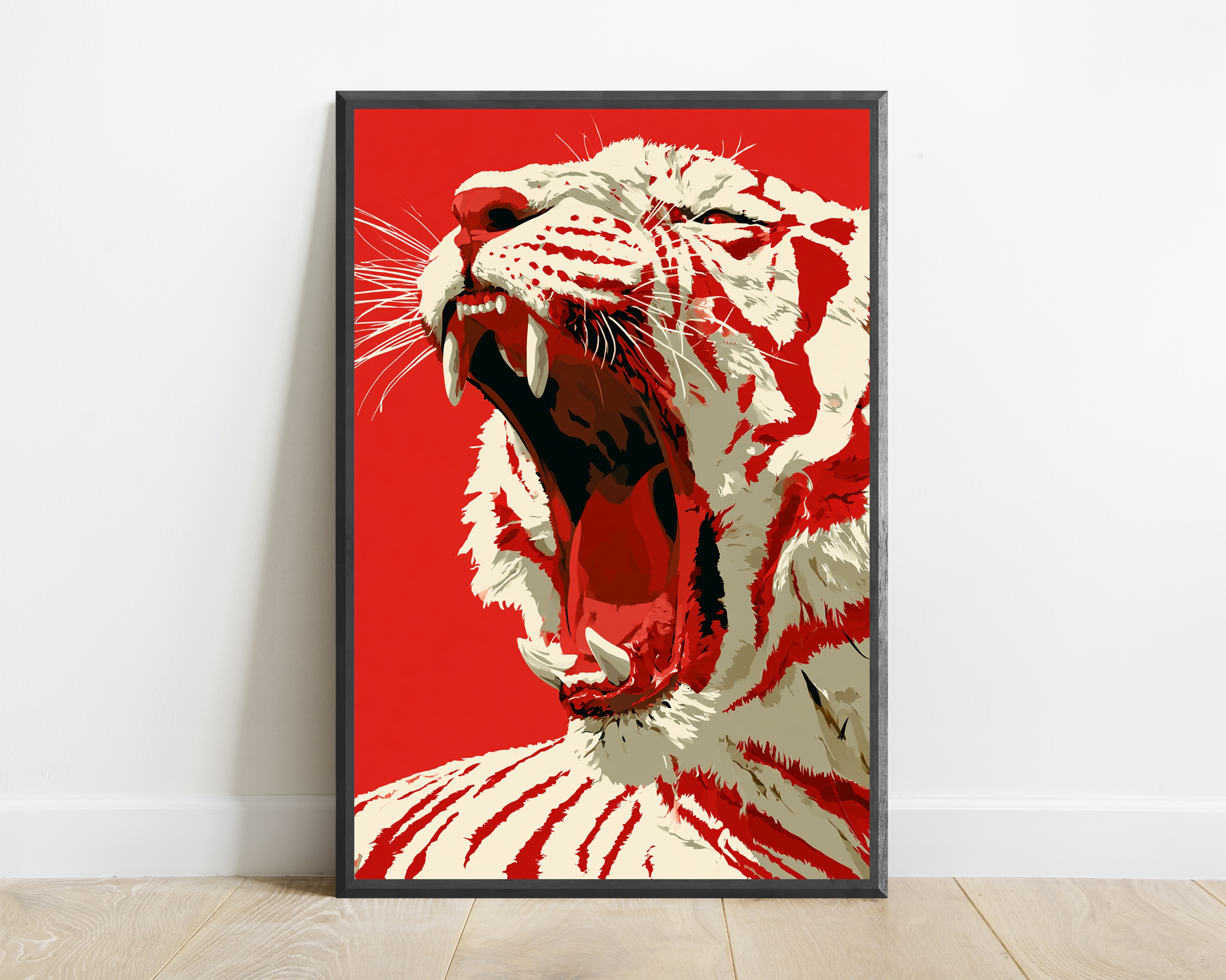 Roaring White Tiger Red Background Pop Art Print — view 1