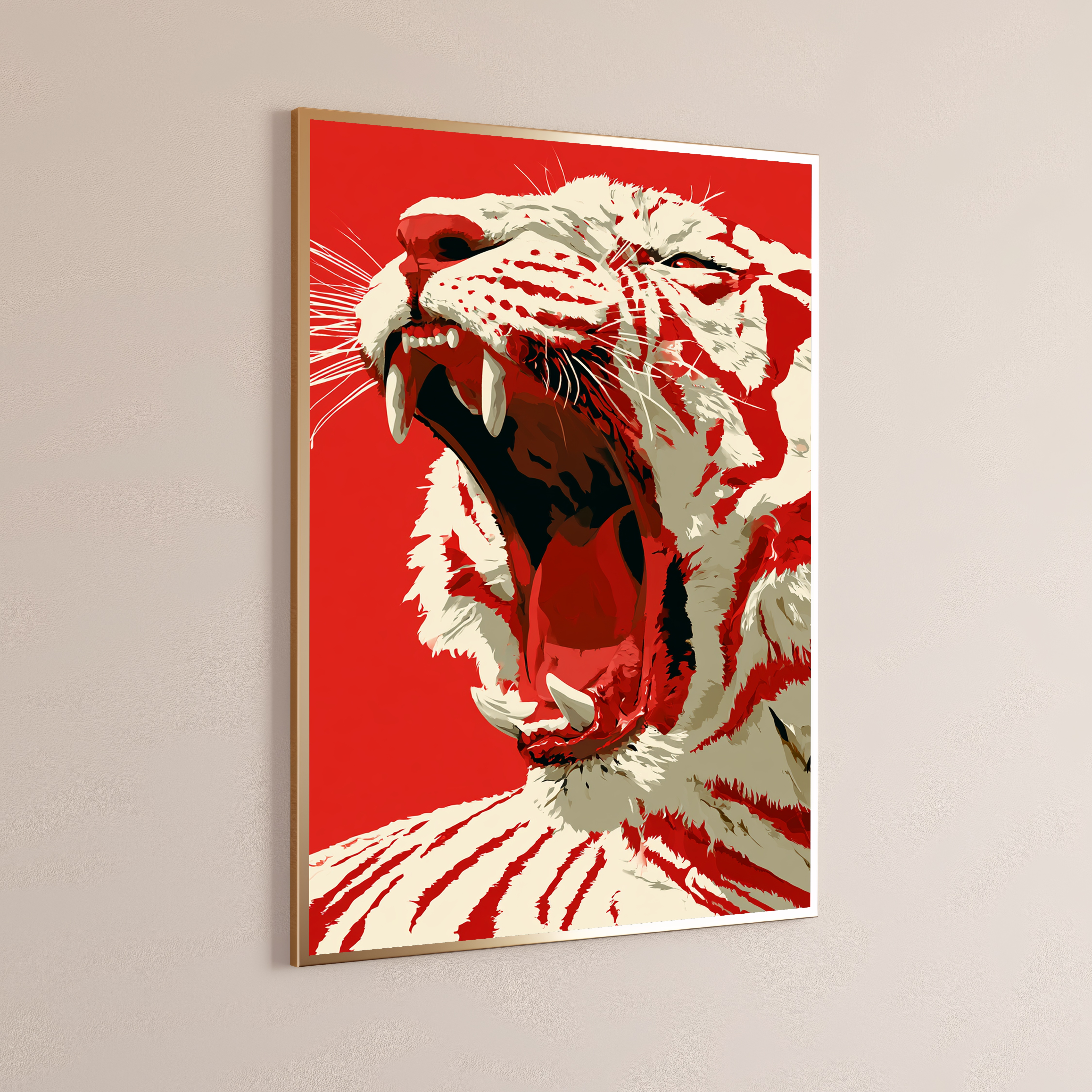 Roaring White Tiger Red Background Pop Art Print