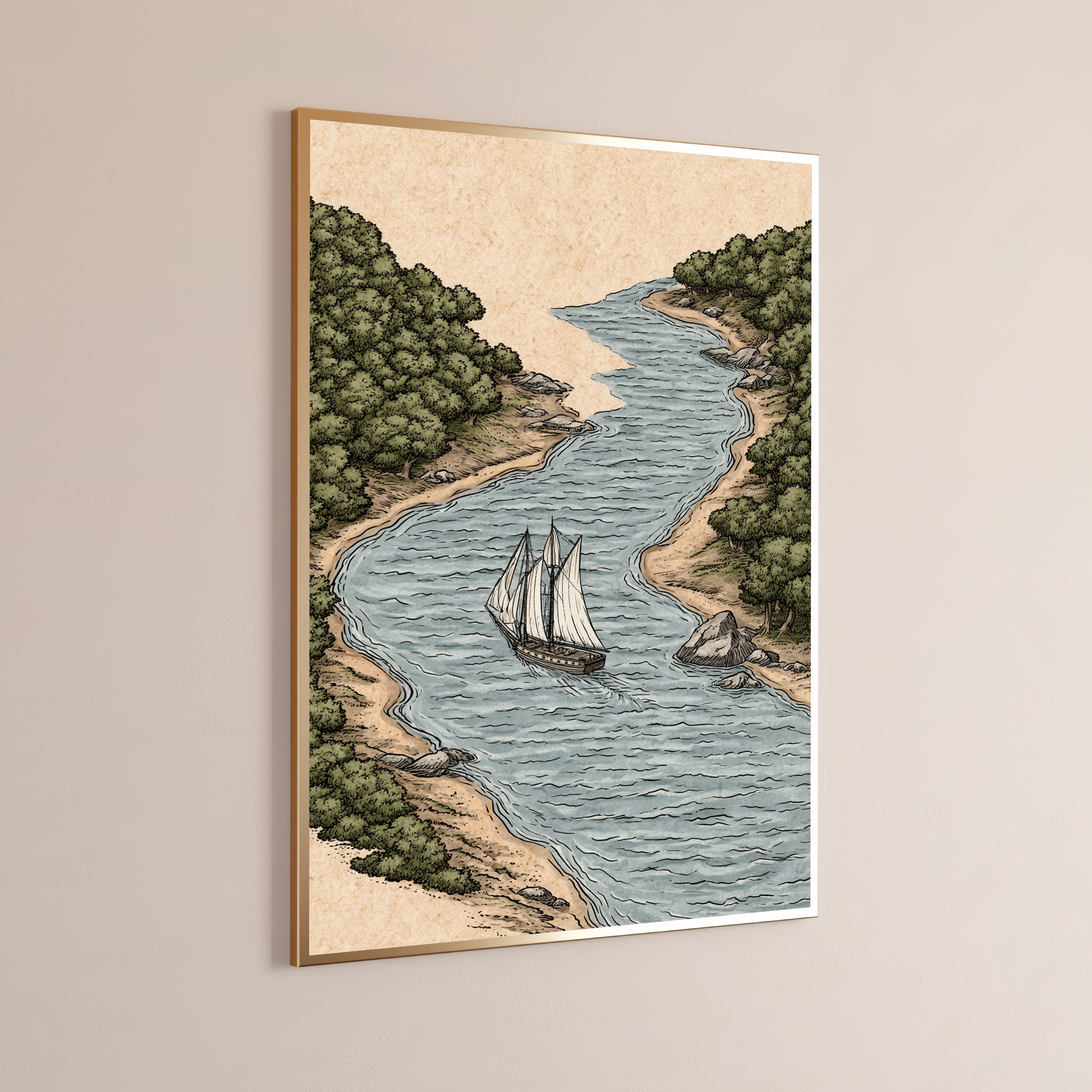 Sailing Ship River Landscape Line Art