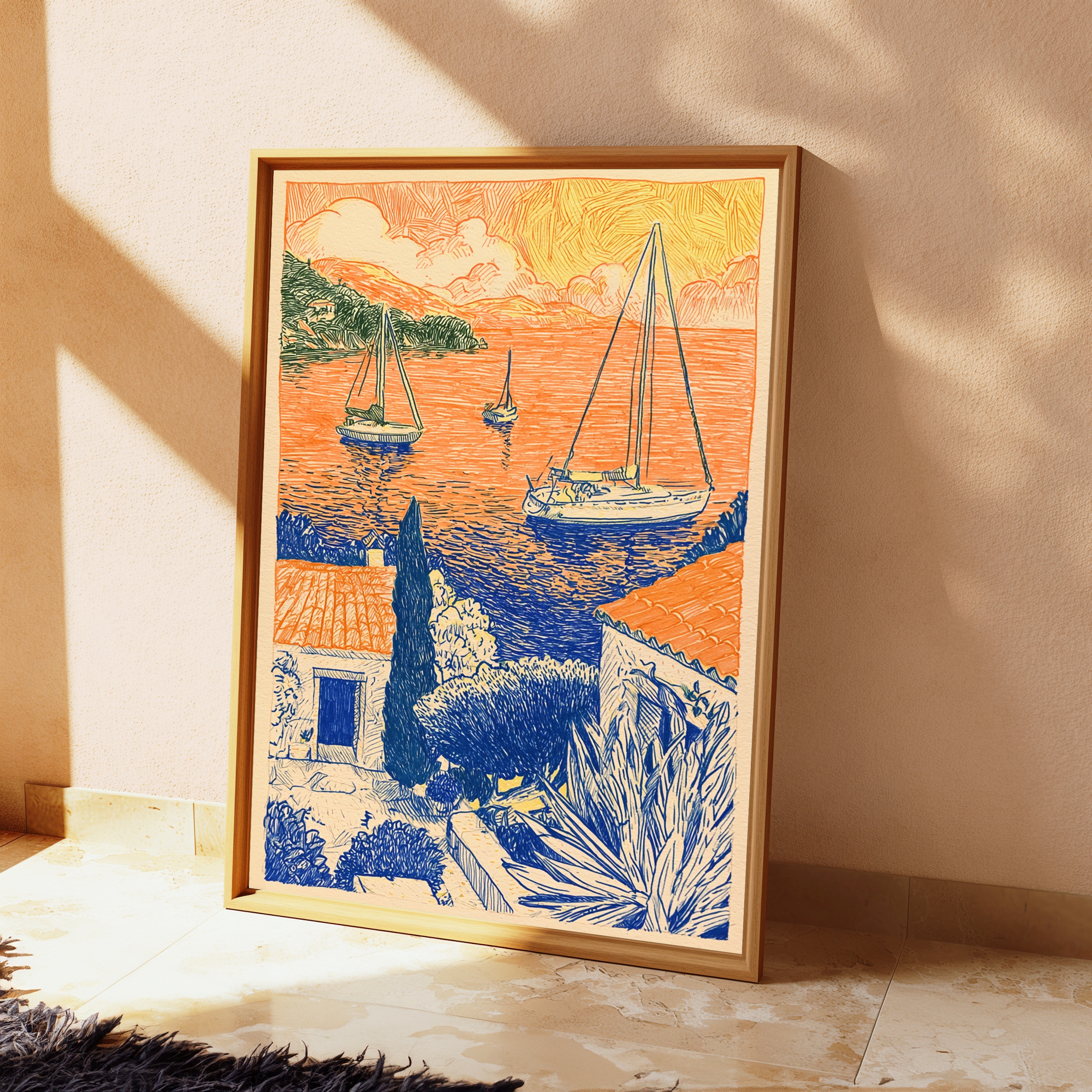 Seaside Sailboats Coastal Landscape Line Art Print view 2