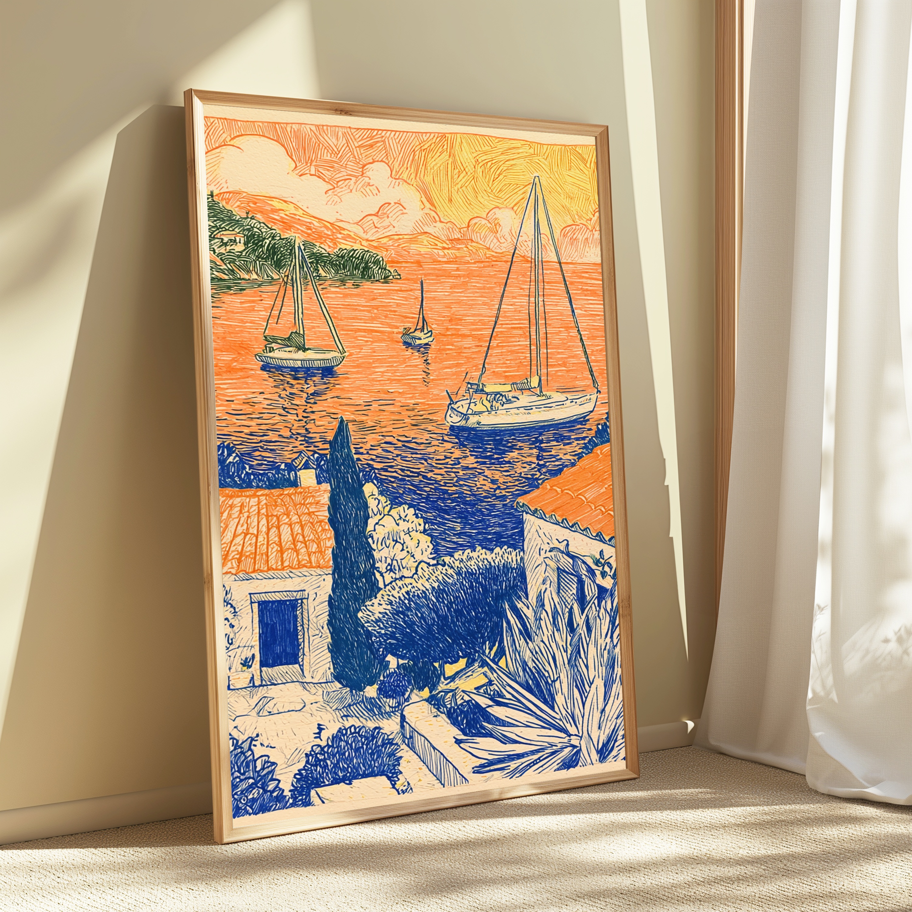 Seaside Sailboats Coastal Landscape Line Art Print view 3