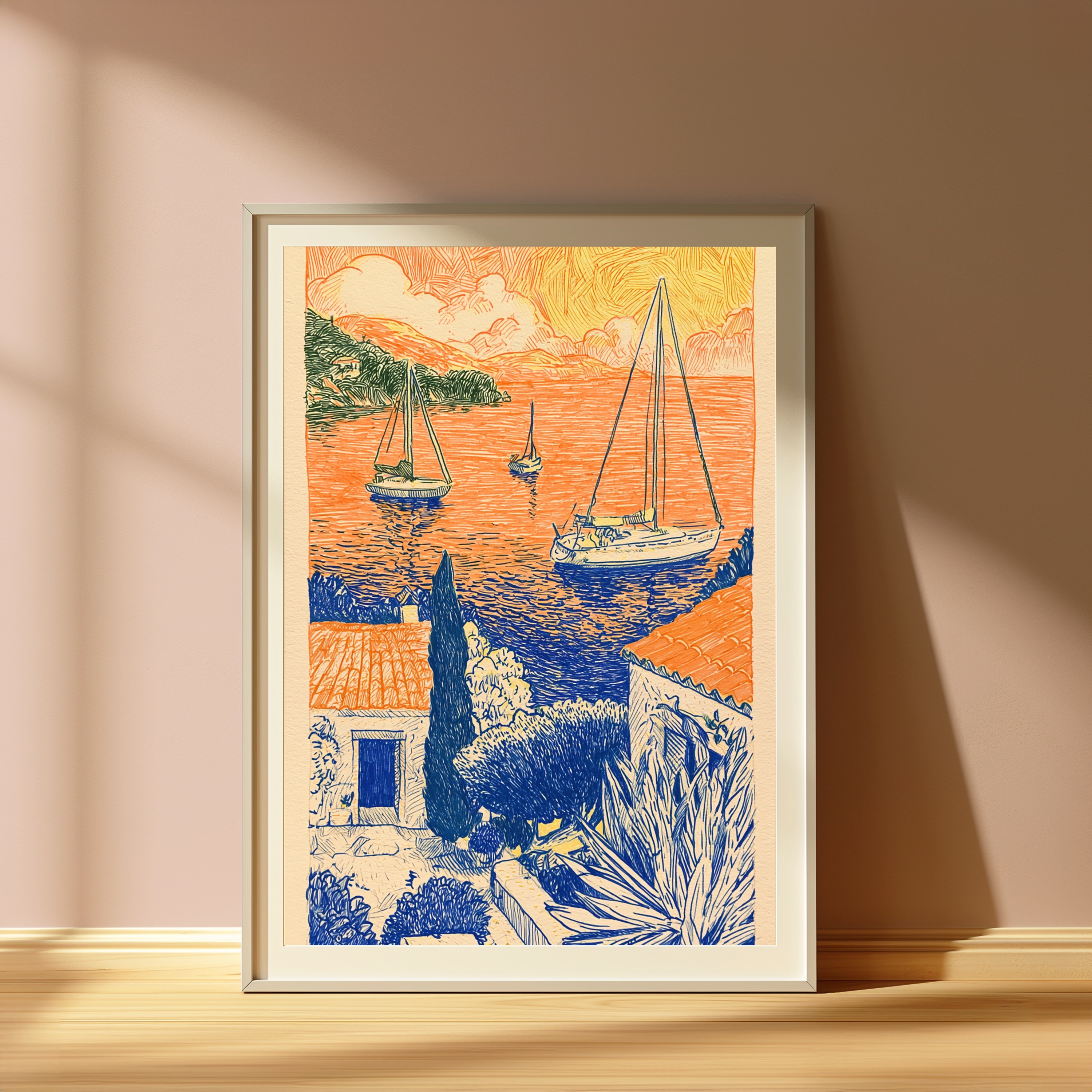 Seaside Sailboats Coastal Landscape Line Art Print view 4