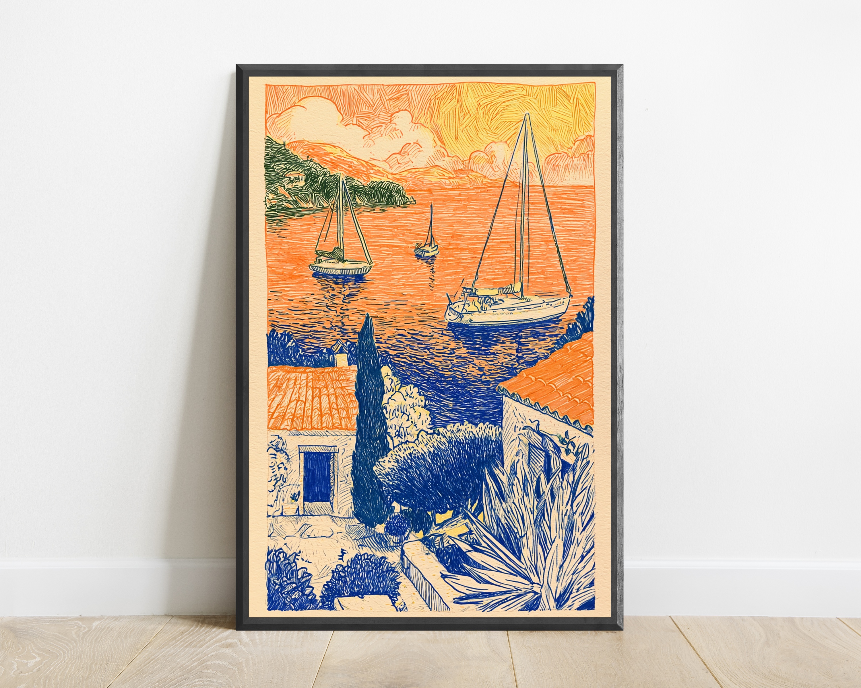 Seaside Sailboats Coastal Landscape Line Art Print