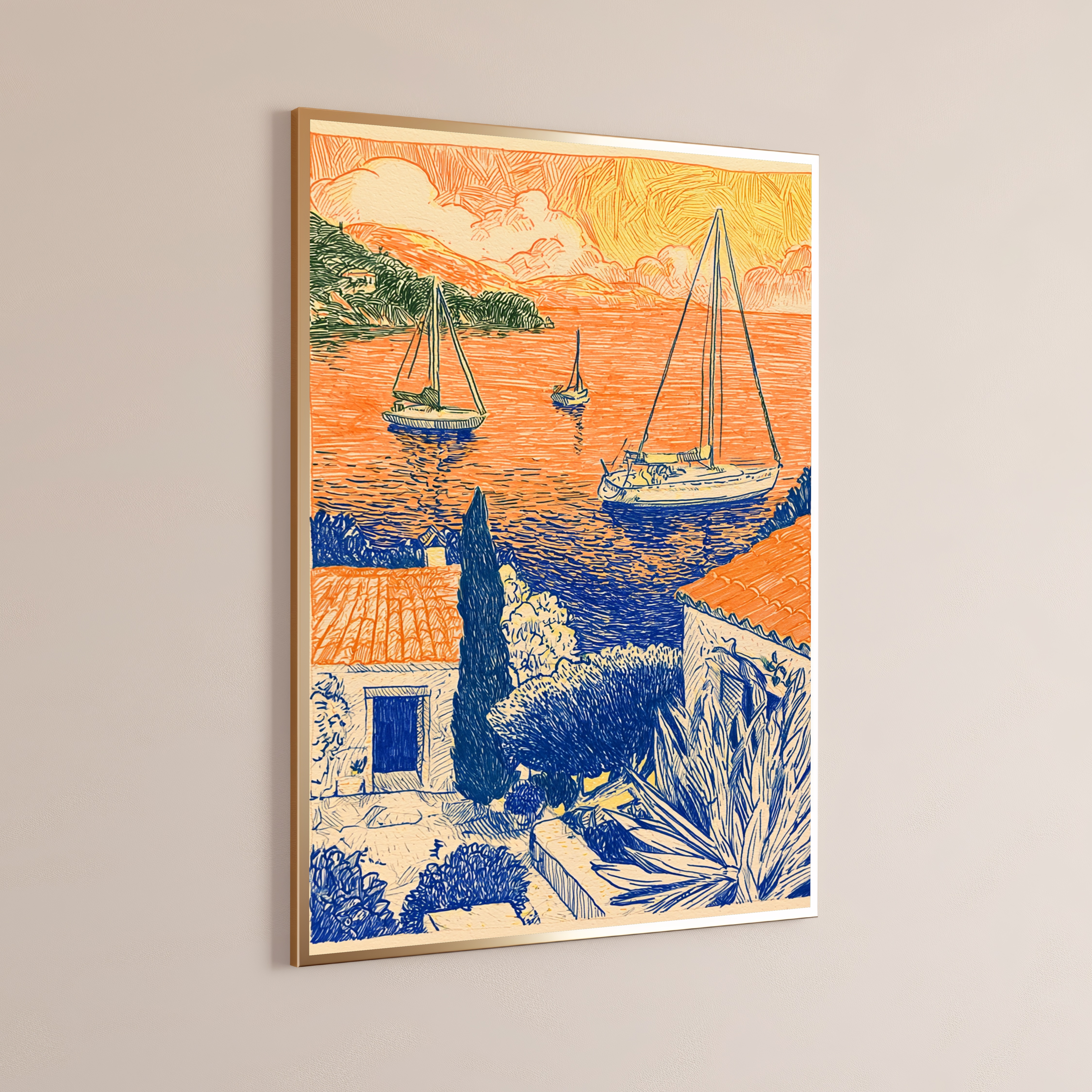 Seaside Sailboats Coastal Landscape Line Art Print