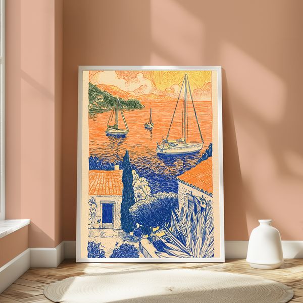 Mediterranean Sailboats Line Art Print
