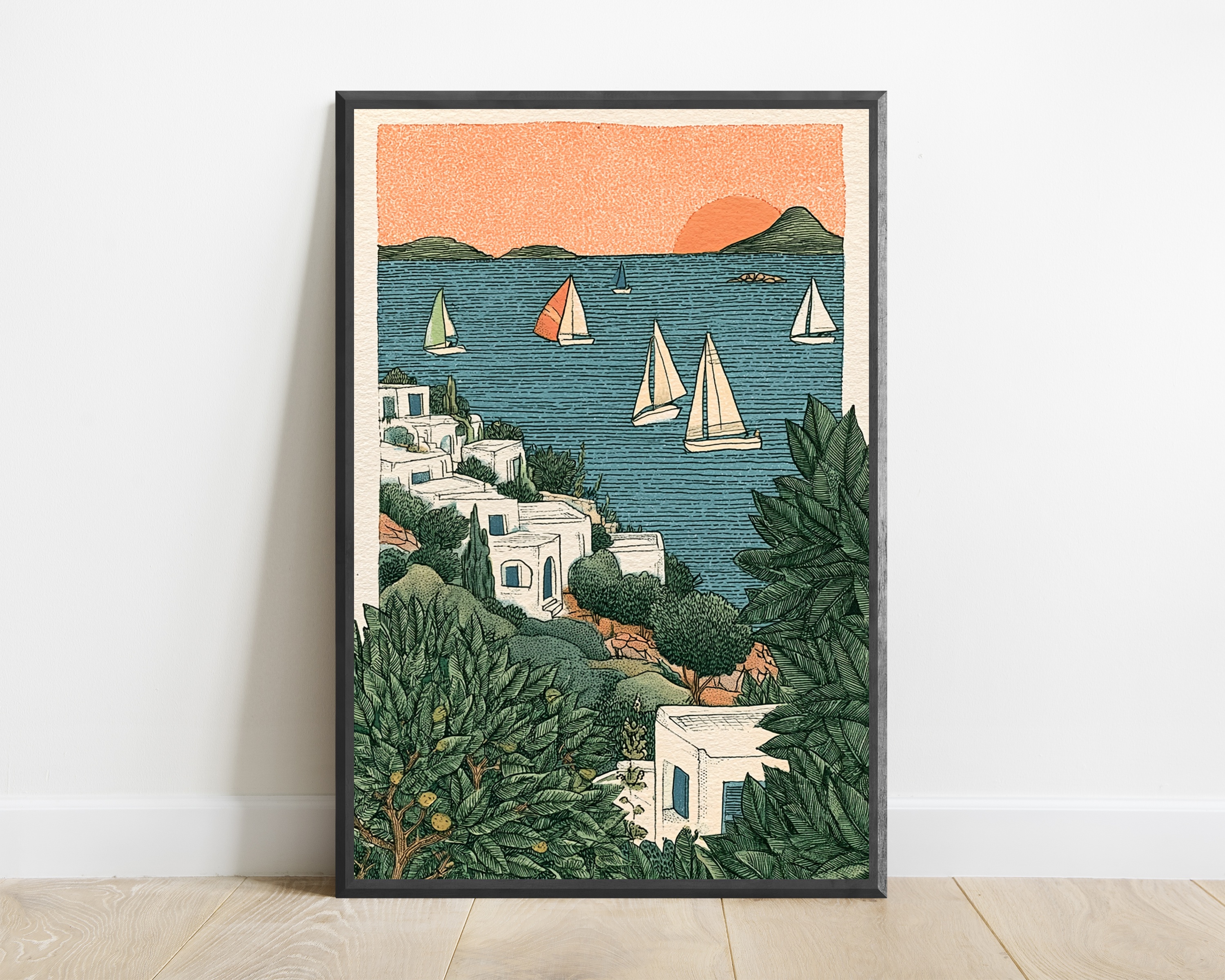 Seaside Villa Sailboats Sunset