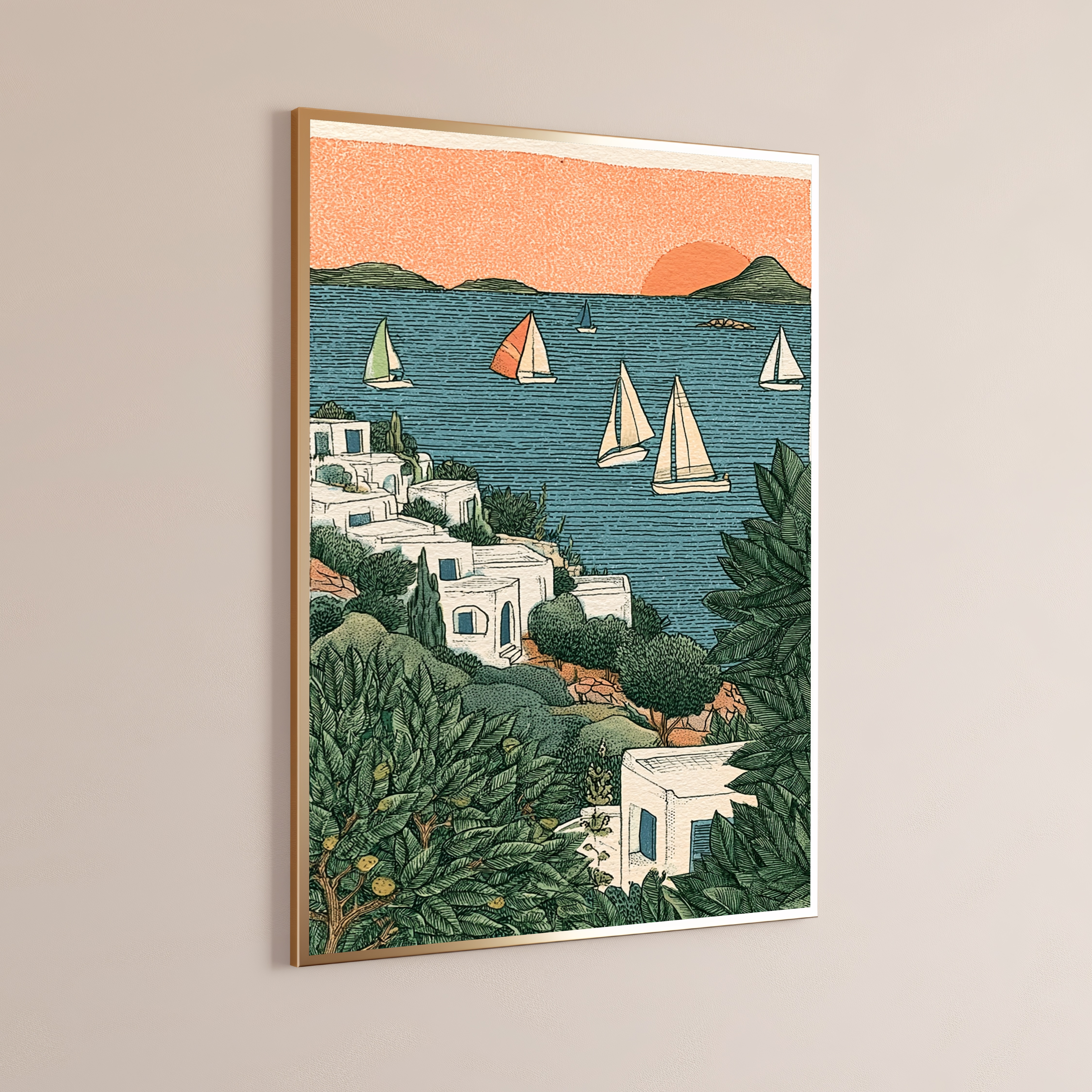 Seaside Villa Sailboats Sunset