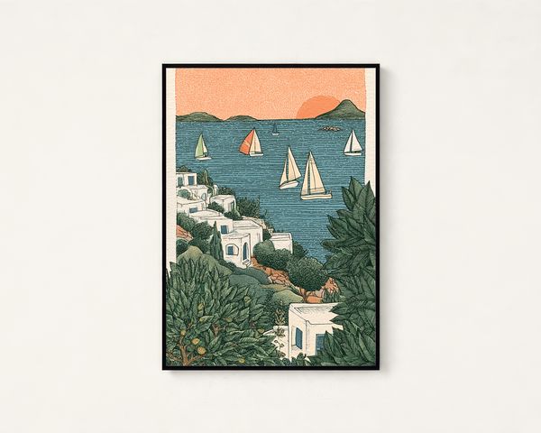 Mediterranean Villa Sailboats Sunset Print