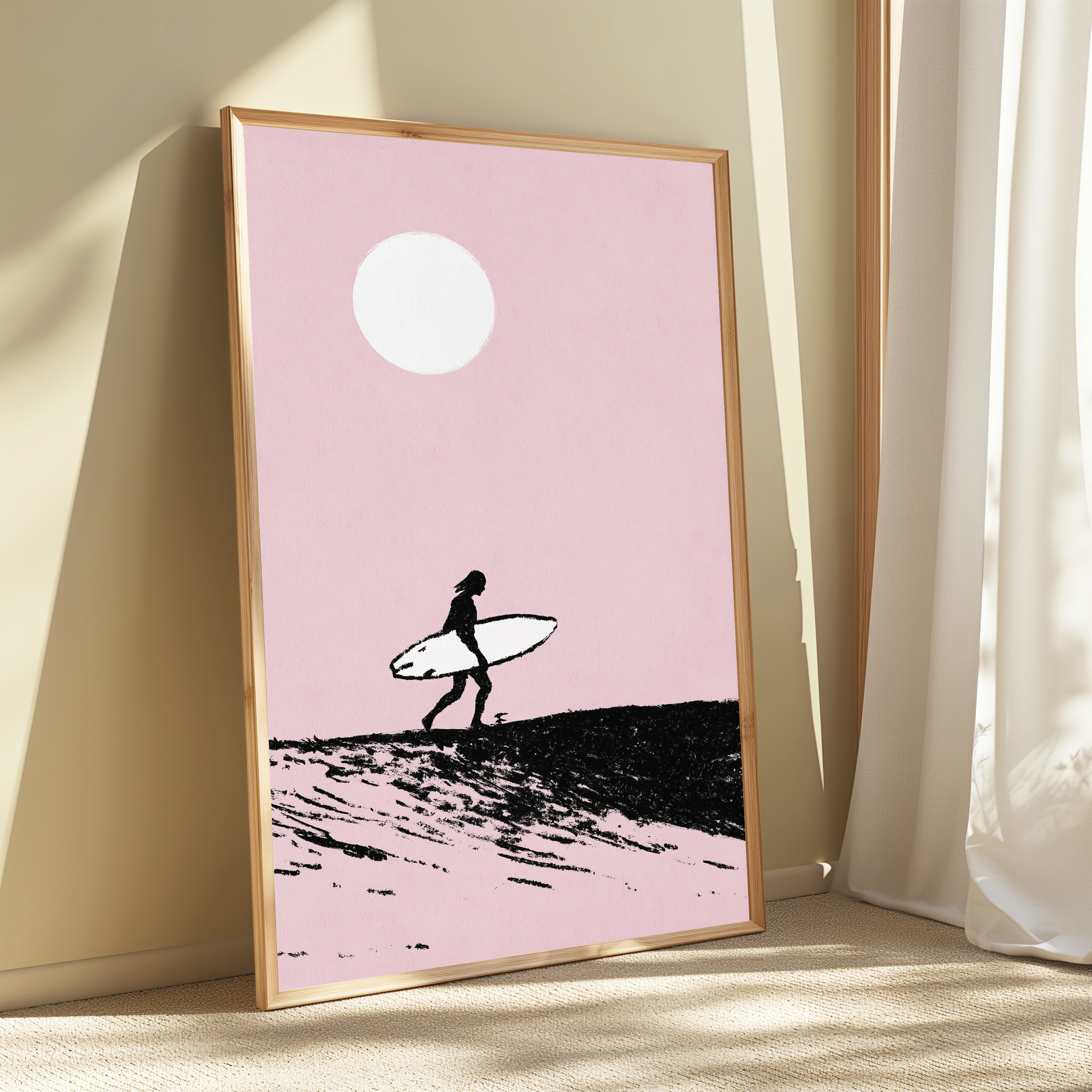 Surfer with Surfboard Beach Moon view 3