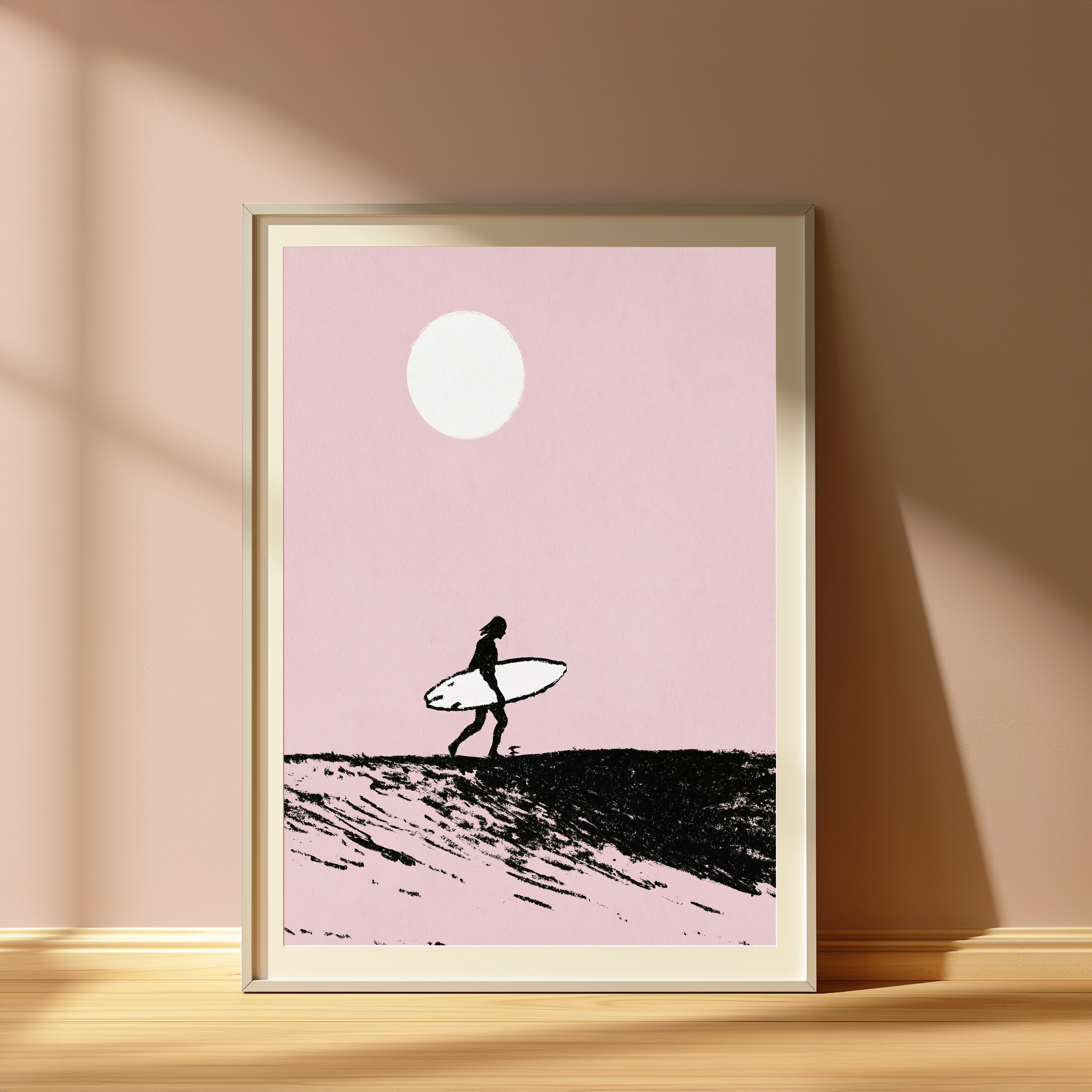 Surfer with Surfboard Beach Moon view 4