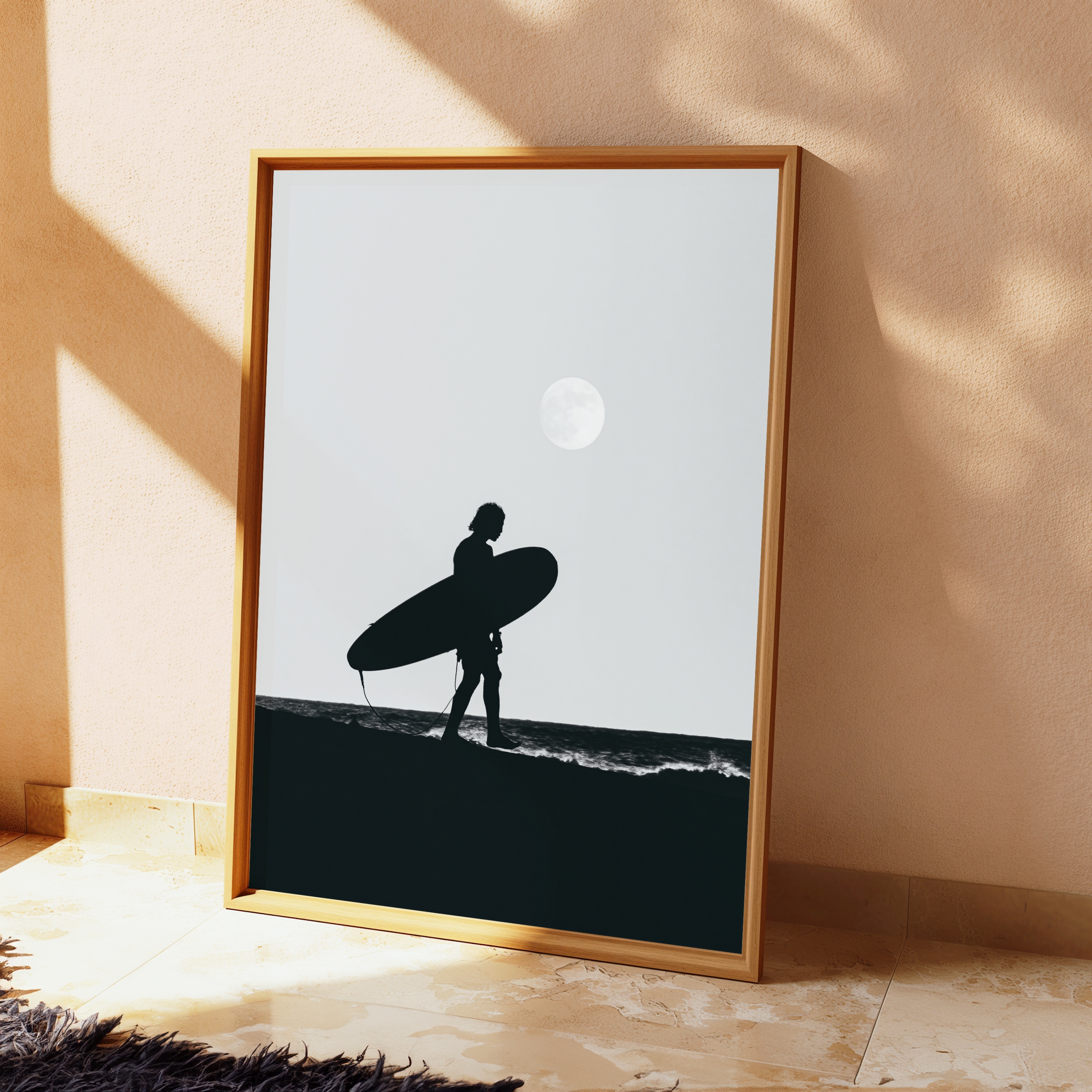 Surfer with Surfboard Silhouette Moon view 2