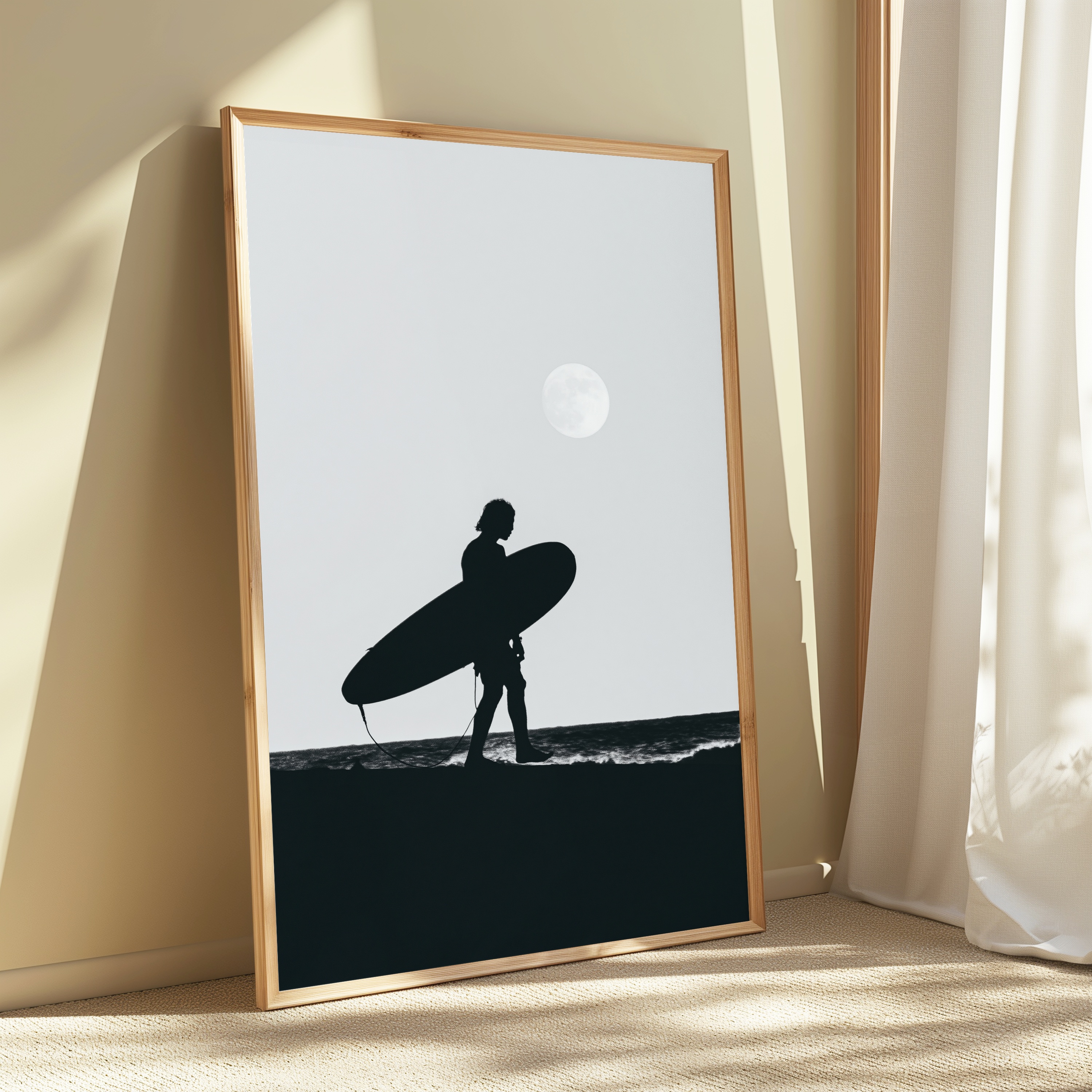 Surfer with Surfboard Silhouette Moon view 3