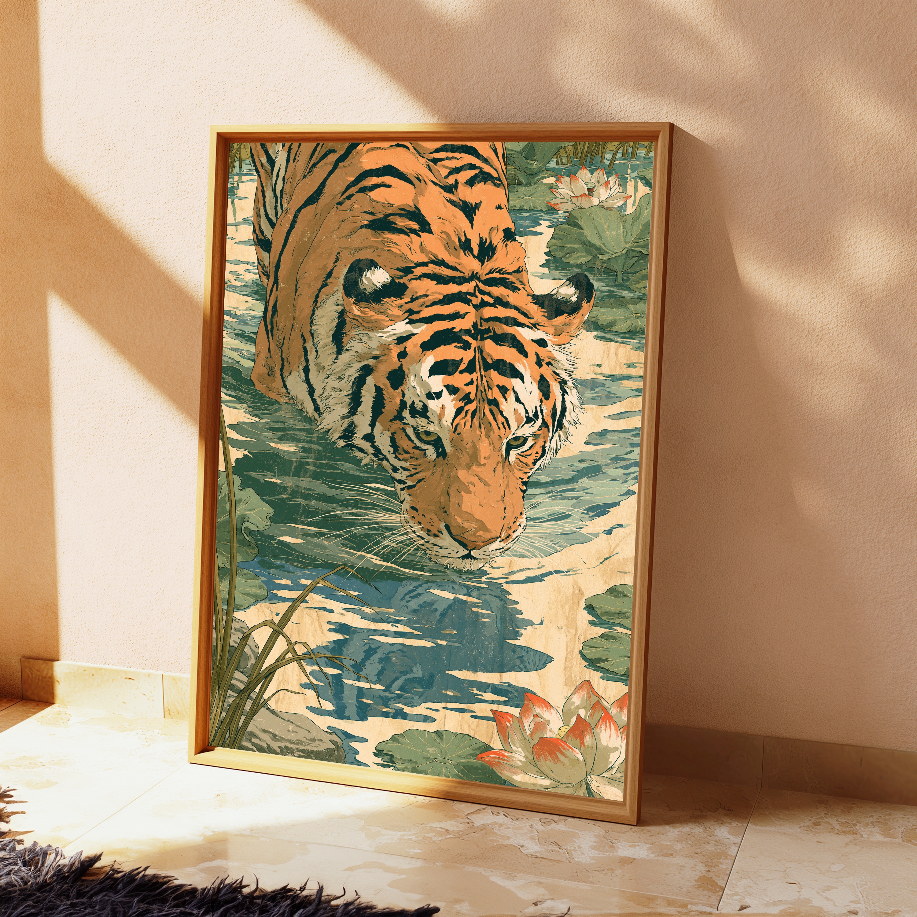 Tiger in Water Lotus Pond Art Print view 2
