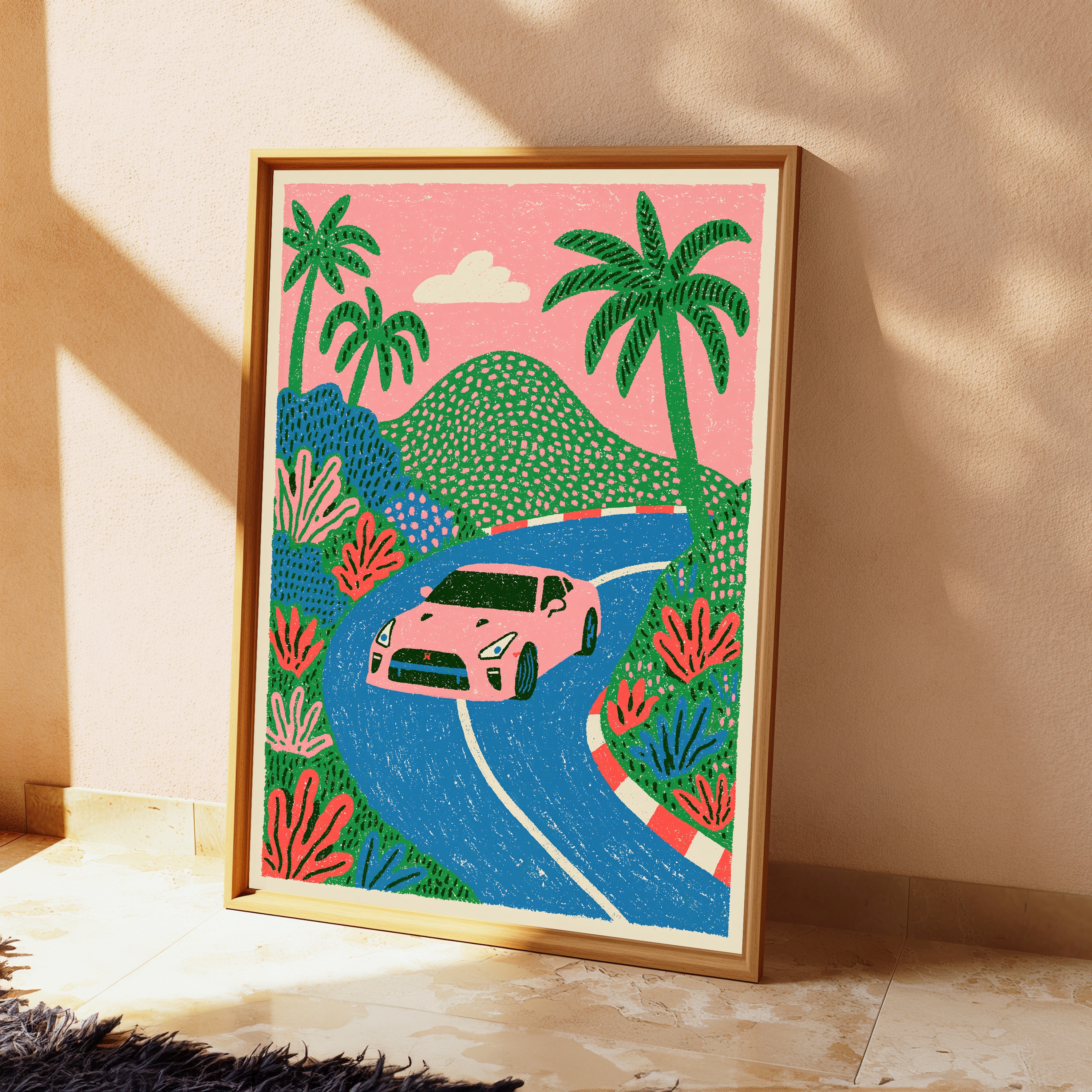 Tropical Road Trip Pink Car view 2