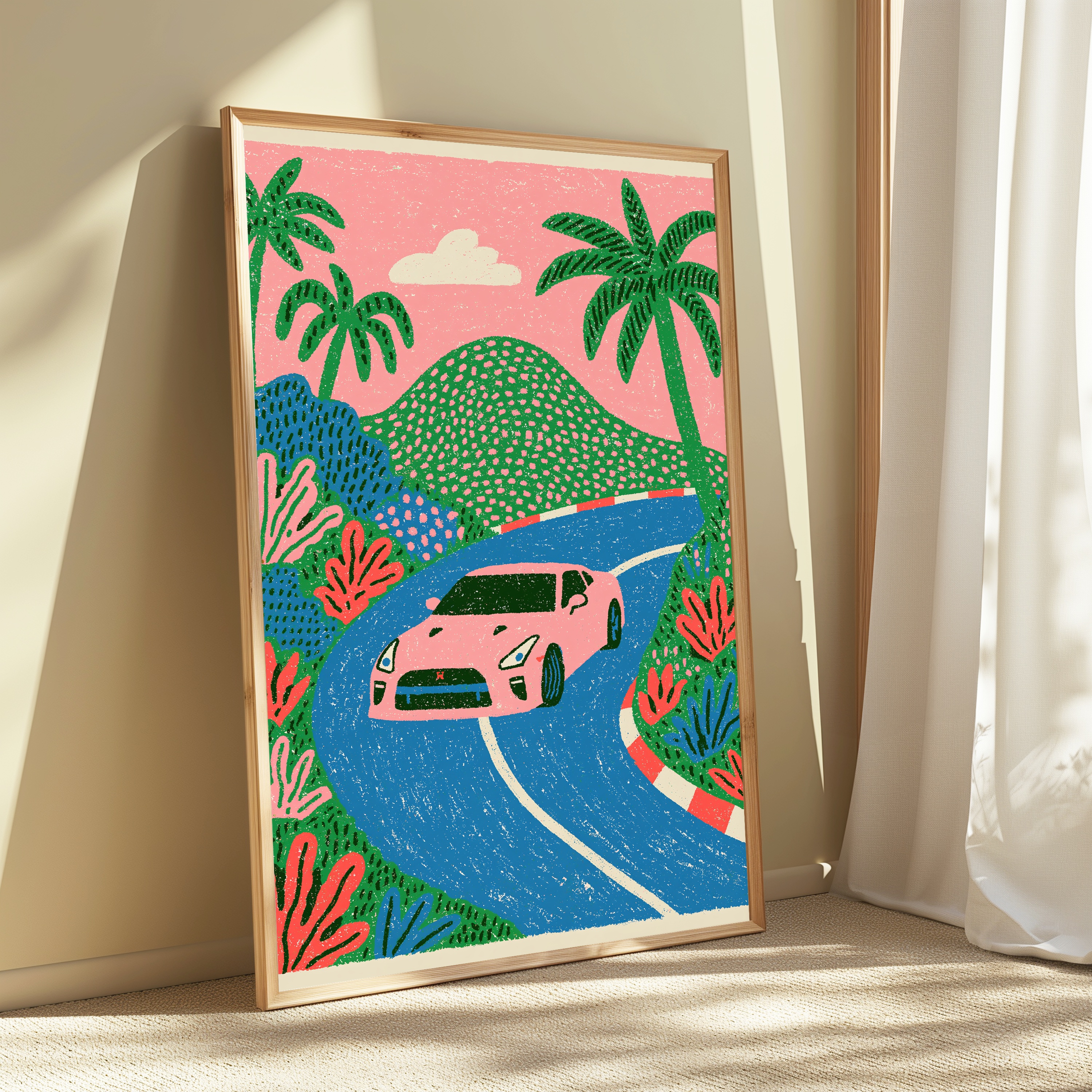 Tropical Road Trip Pink Car view 3