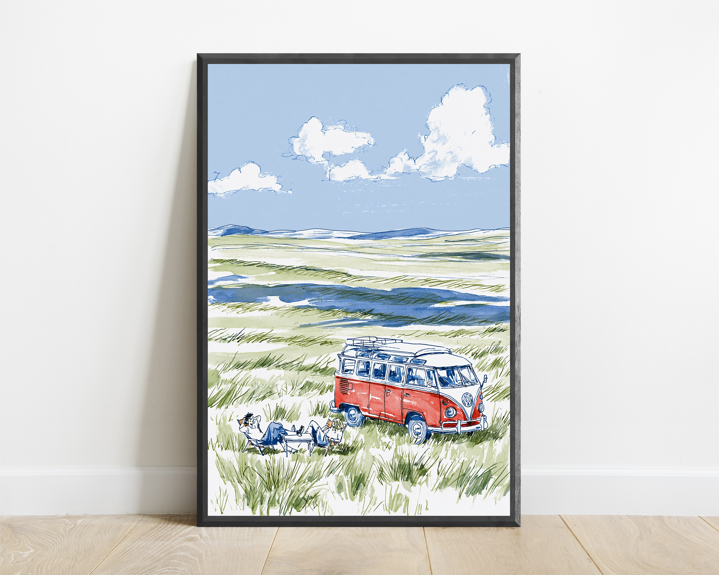 Vintage VW Camper Van Countryside Print — view 1
