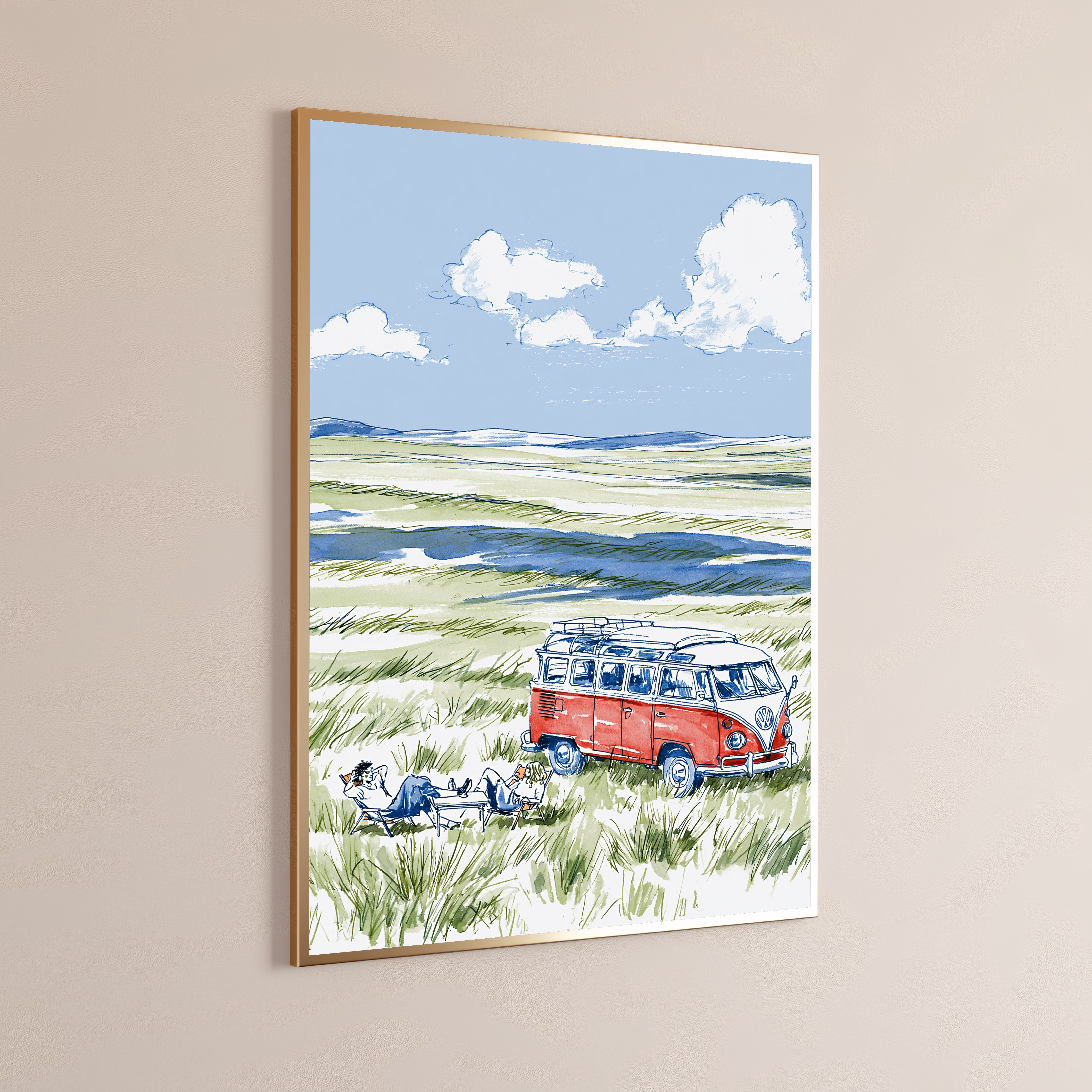 Vintage VW Camper Van Countryside Print