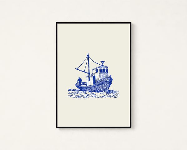 Vintage Fishing Boat Line Art Print