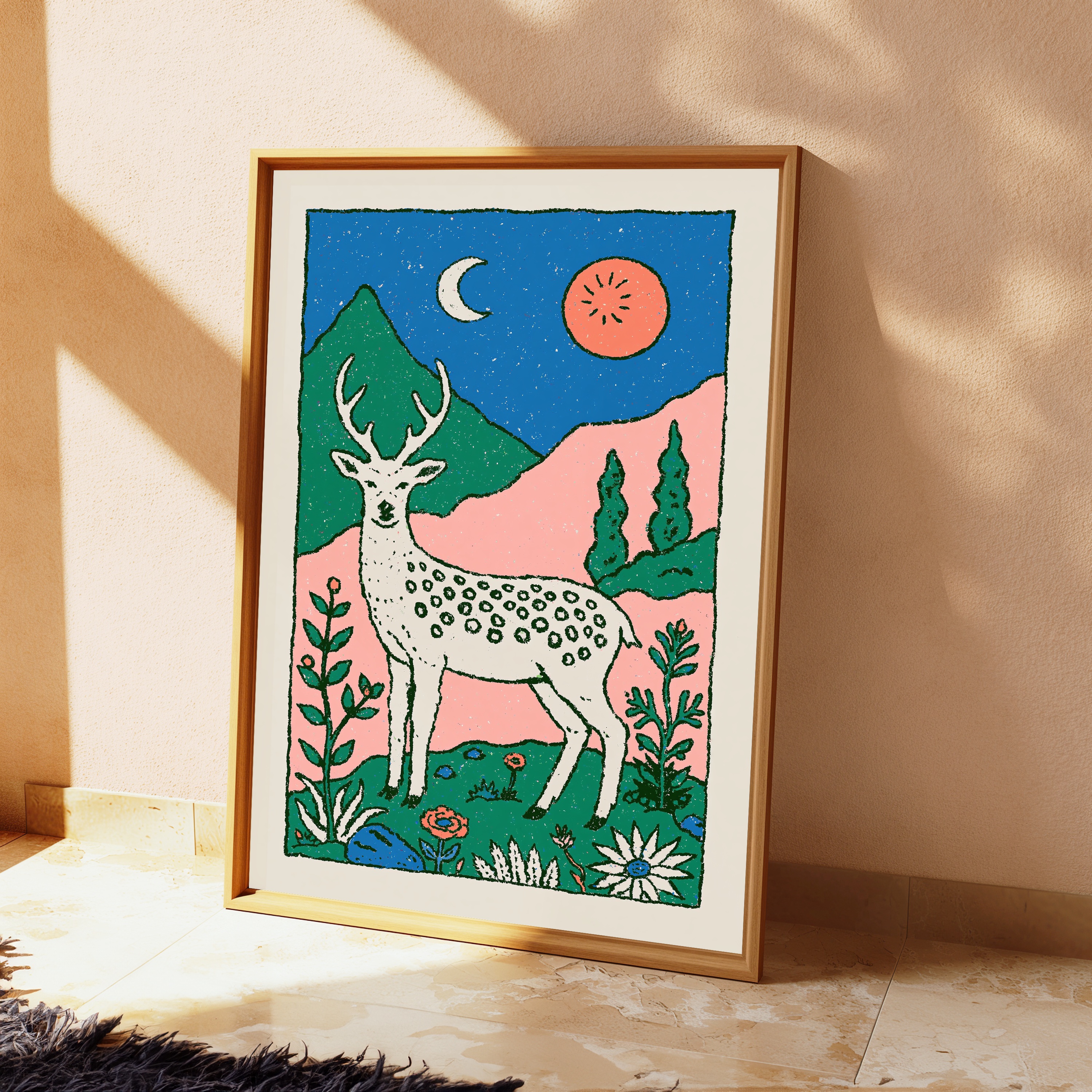 White Stag Moonlit Forest Minimalist Art Print view 2
