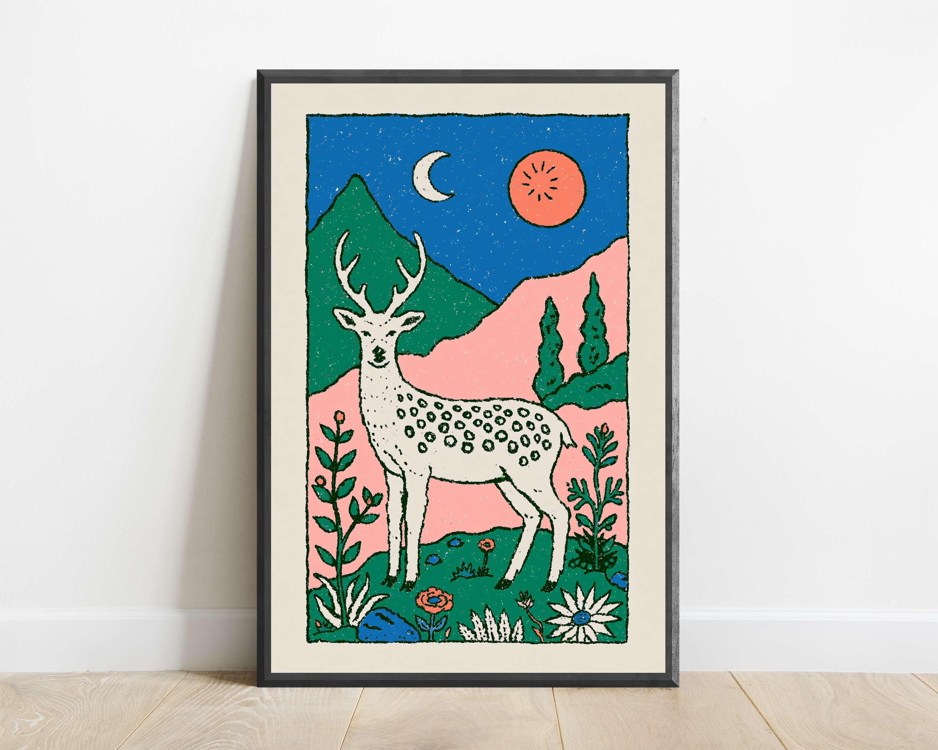 White Stag Moonlit Forest Minimalist Art Print