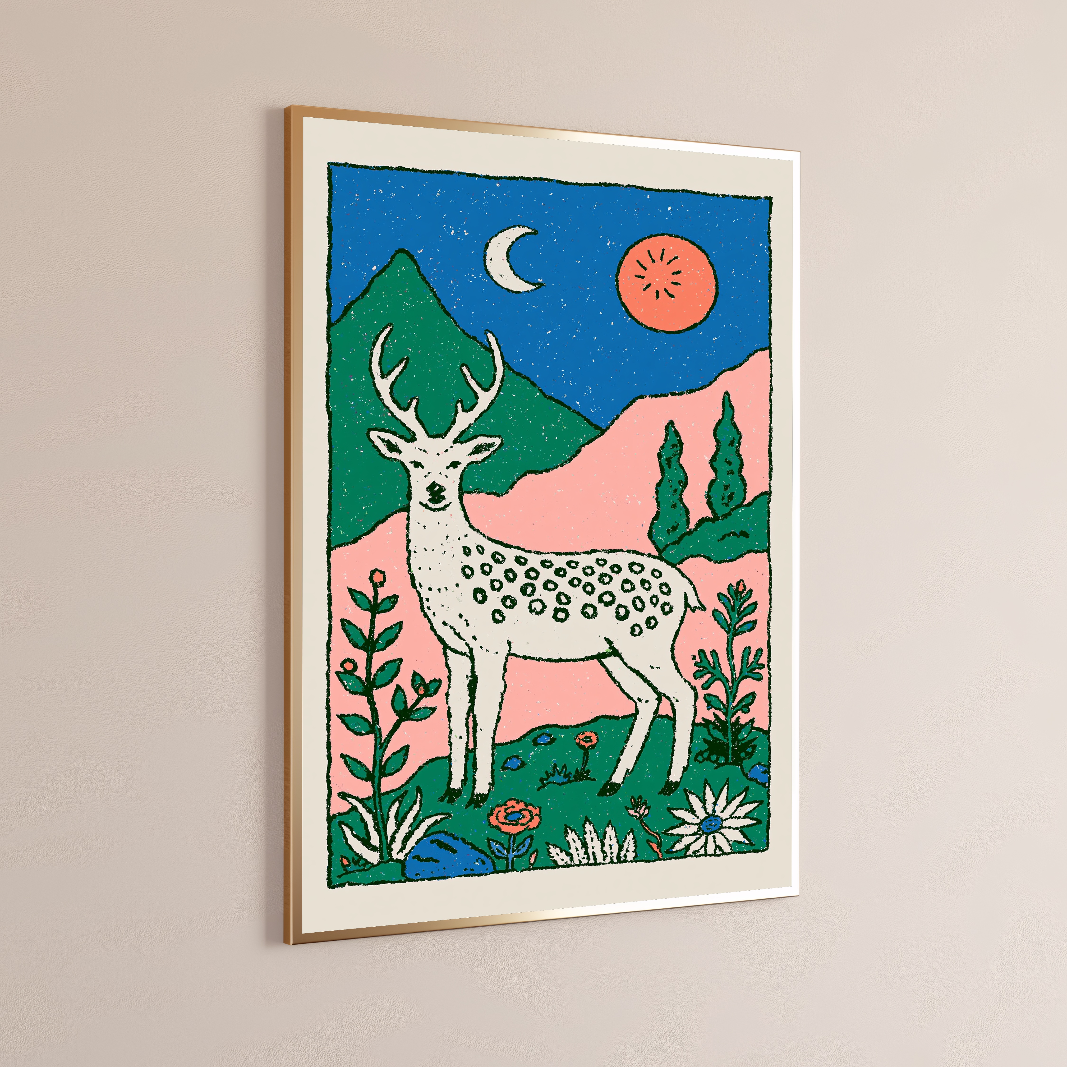 White Stag Moonlit Forest Minimalist Art Print
