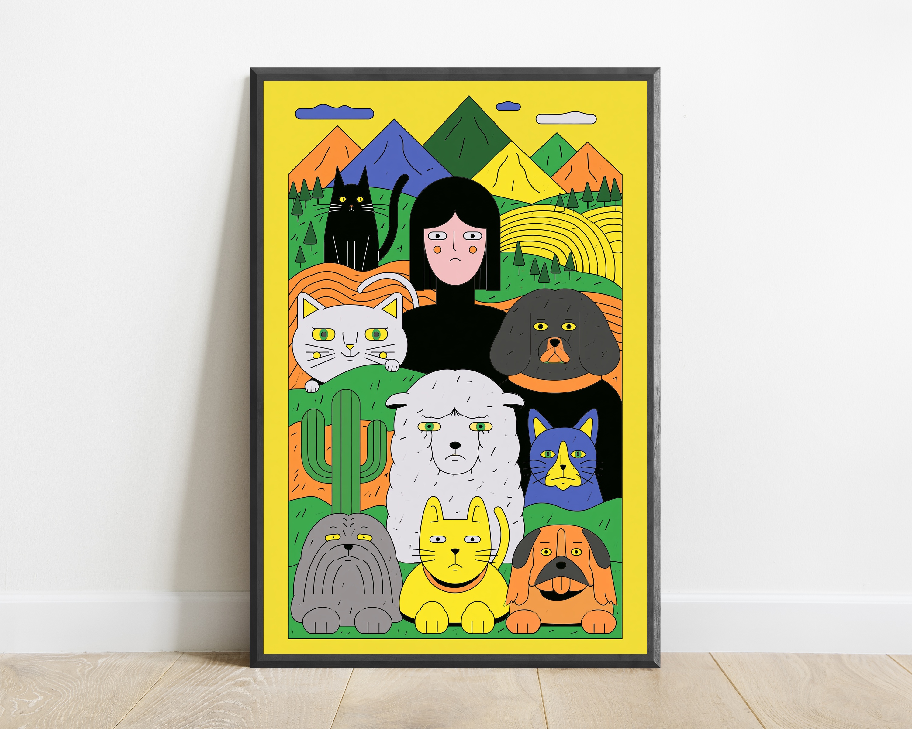 Woman with Pets Mountain Landscape