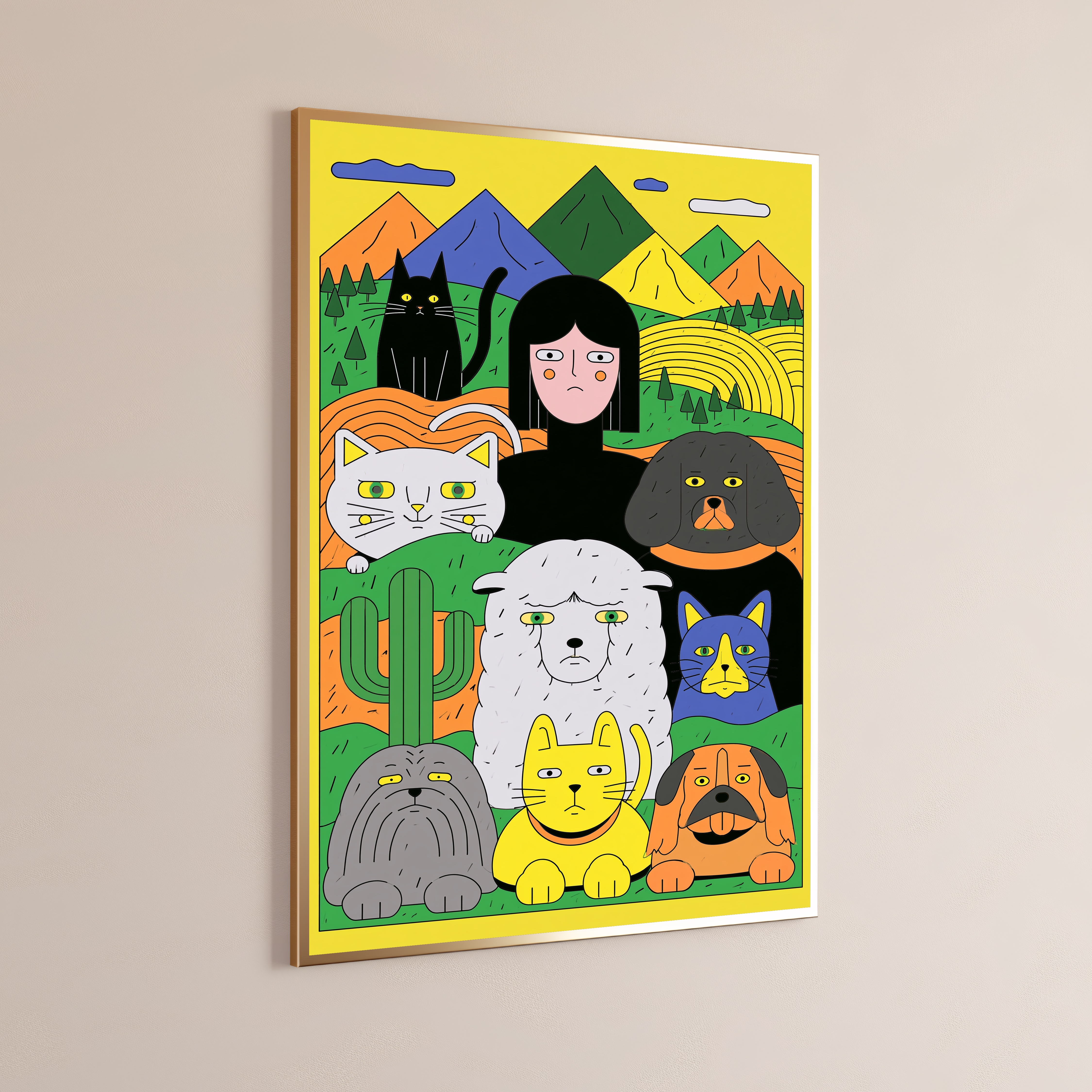 Woman with Pets Mountain Landscape